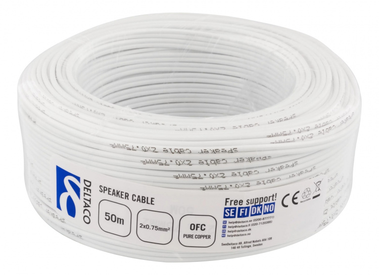 DELTACO Högtalarkabel, 2x0,75mm, ledare av ren koppar, 50m, vit