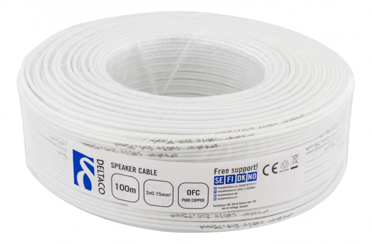 DELTACO Högtalarkabel, 2x0,75mm, ledare av ren koppar, 100m, vit