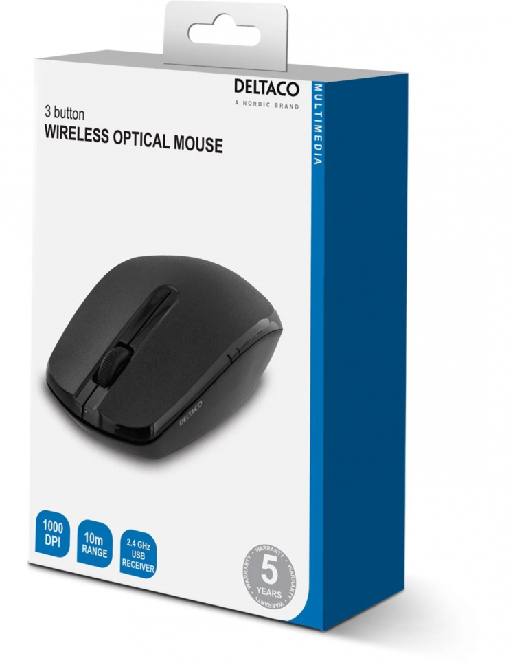 DELTACO trådlös optisk mus, 2 knappar och scroll, 1000 DPI, USB, sva DELTACO trådlös optisk mus, 2 knappar och scroll, 1000 DPI, USB, sva