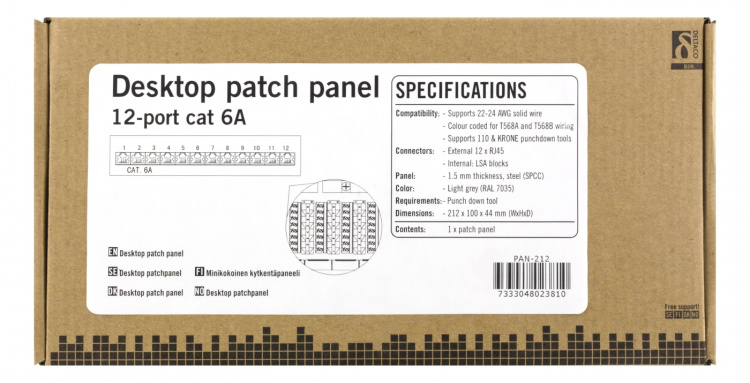 DELTACO Patchpanel, 12xRJ45, Cat6a, väggmonterbar, 10Gbps, grå