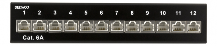 DELTACO Patchpanel, 12xRJ45, Cat6a, väggmonterbar, 10Gbps, svart DELTACO Patchpanel, 12xRJ45, Cat6a, väggmonterbar, 10Gbps, svart
