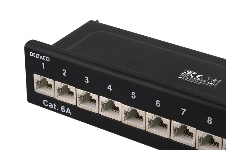 DELTACO Patchpanel, 12xRJ45, Cat6a, väggmonterbar, 10Gbps, svart DELTACO Patchpanel, 12xRJ45, Cat6a, väggmonterbar, 10Gbps, svart