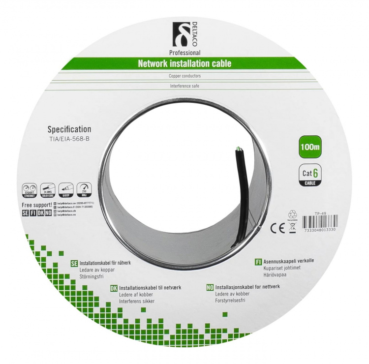 DELTACO U/UTP Cat6 installationskabel, för utomhusbruk, 100m, svart DELTACO U/UTP Cat6 installationskabel, för utomhusbruk, 100m, svart