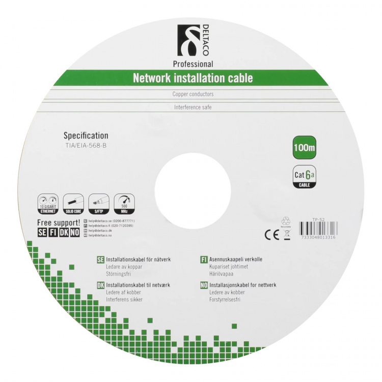 DELTACO S/FTP Cat6a installationskabel, för utomhusbruk, 100m, svart