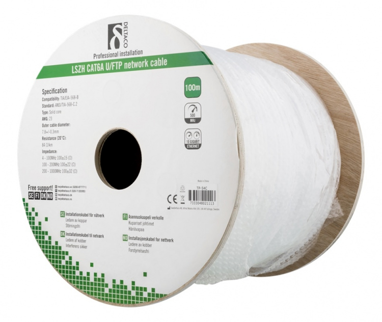DELTACO U/FTP Cat6a installationskabel, 100m trumma, 500MHz, LSZH, vit