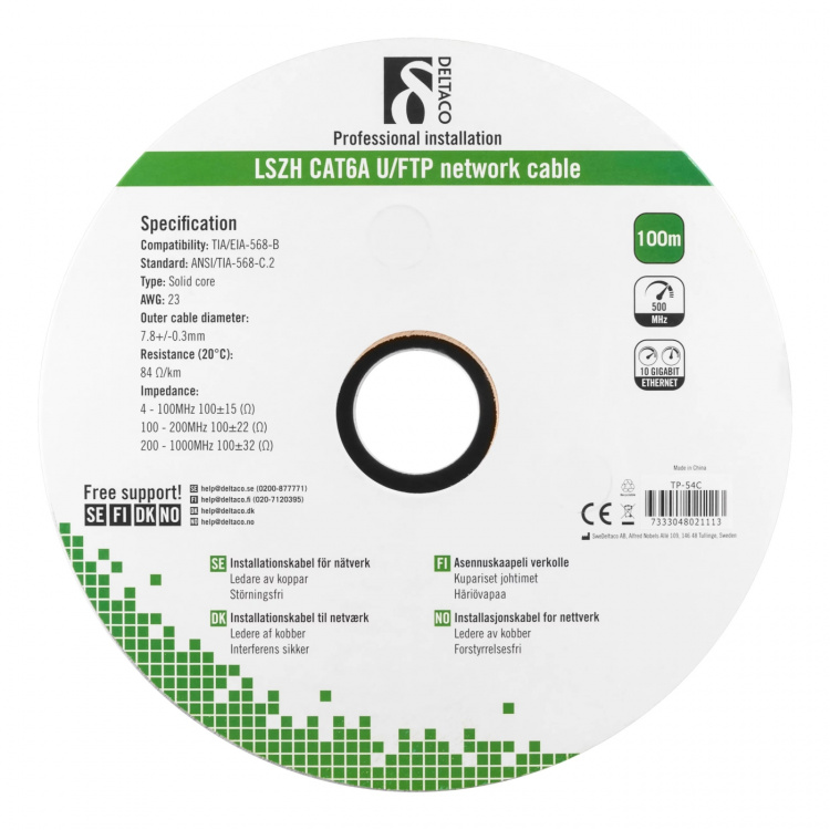 DELTACO U/FTP Cat6a installationskabel, 100m trumma, 500MHz, LSZH, vit