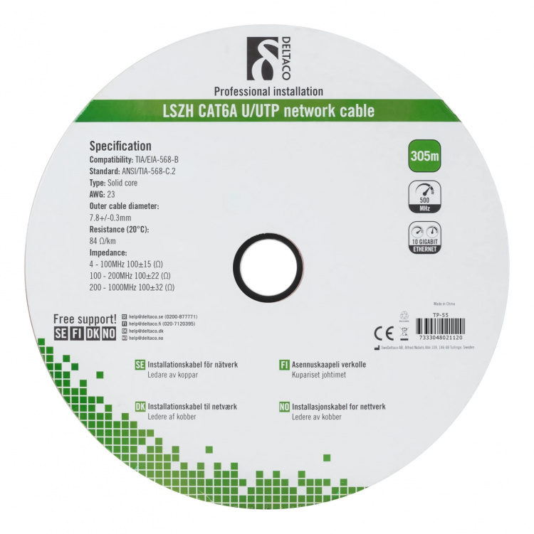 DELTACO U/FTP Cat6a installationskabel, 305m trumma, 500MHz, LSZH, grå DELTACO U/FTP Cat6a installationskabel, 305m trumma, 500MHz, LSZH, grå