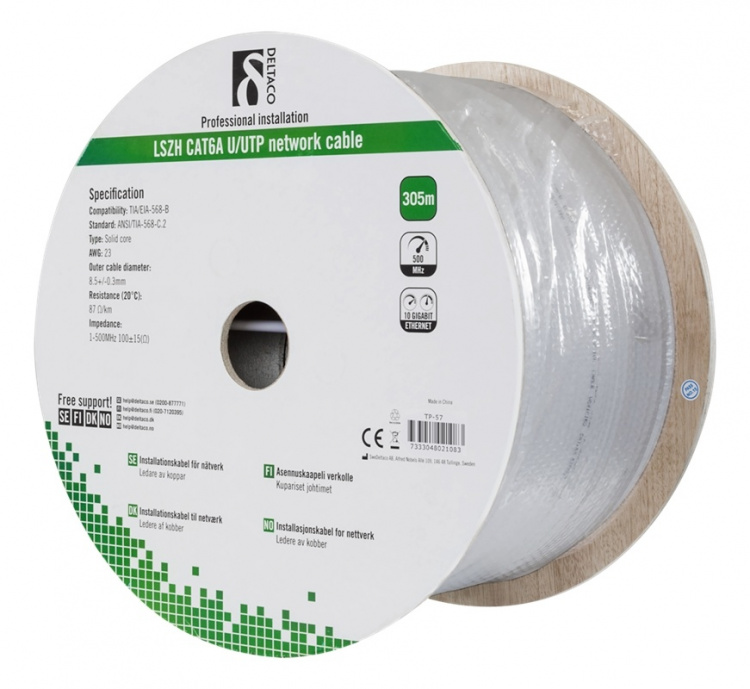 DELTACO U/UTP Cat6a installationskabel, 305m trumma, 500MHz, LSZH, grå DELTACO U/UTP Cat6a installationskabel, 305m trumma, 500MHz, LSZH, grå