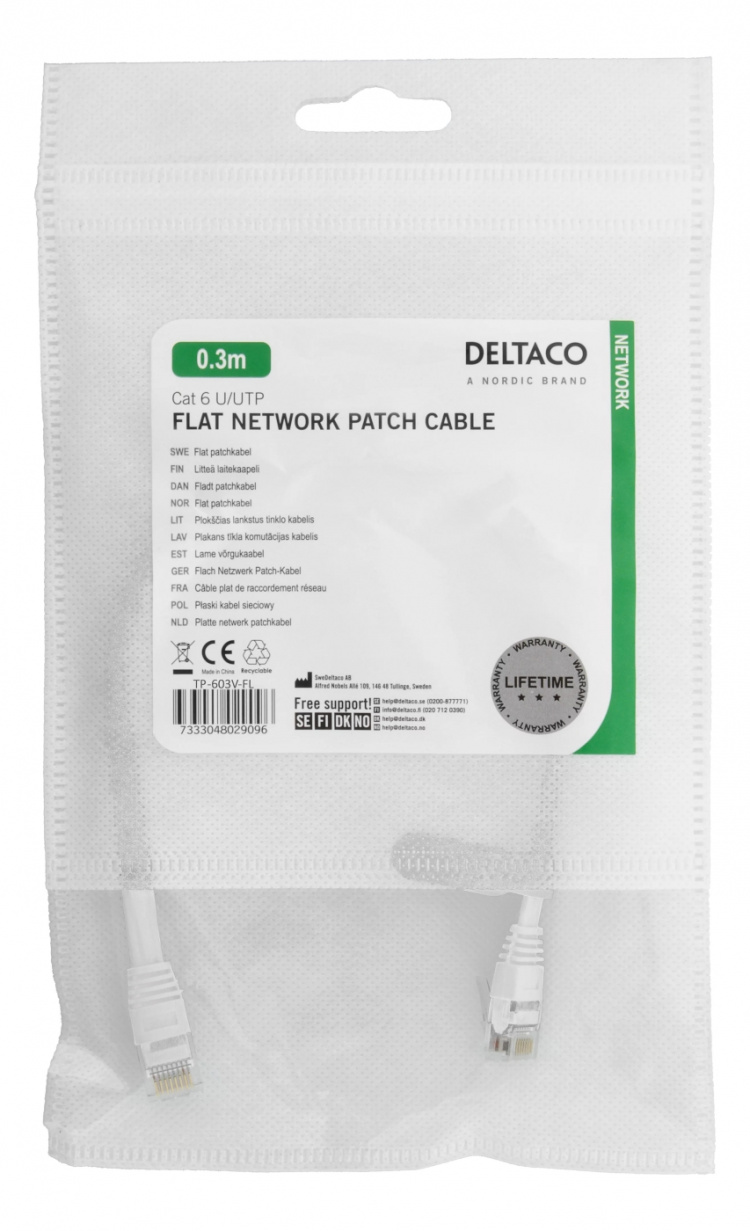 DELTACO U/UTP Cat6 patchkabel, flat, 0,3m, Delta-cert, LSZH, vit