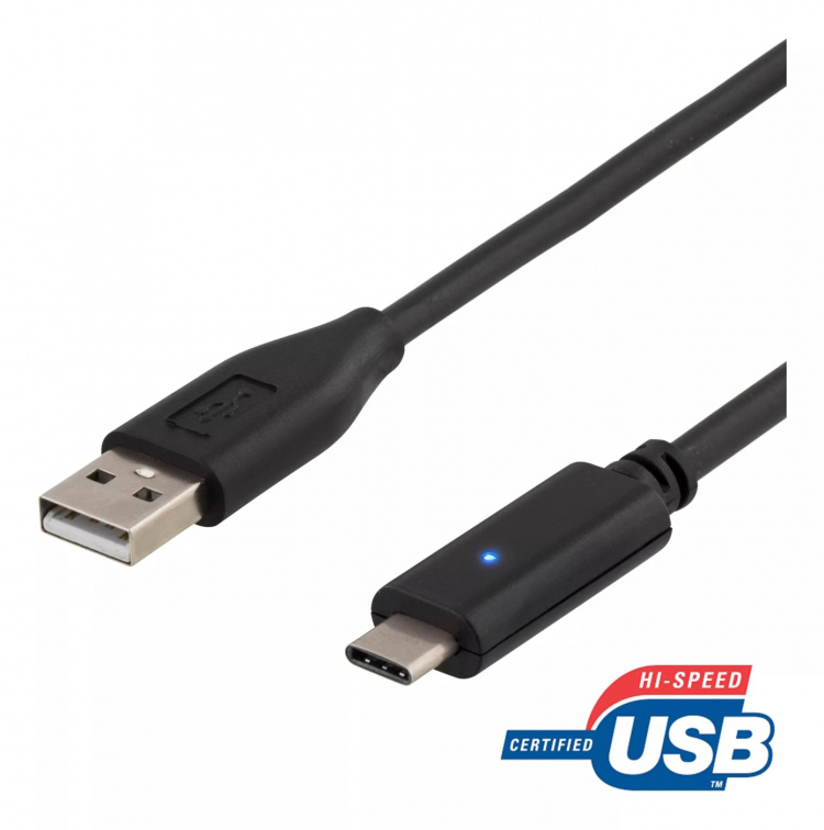 DELTACO USB 2.0 kabel, Typ C - Typ A hane, 0.25m, svart