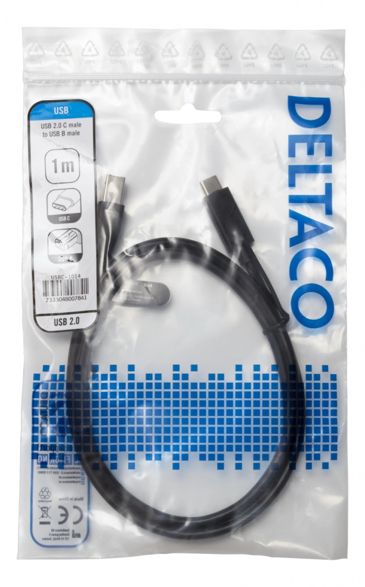 DELTACO USB 2.0 kabel, Typ C - Typ B hane, 1m, svart