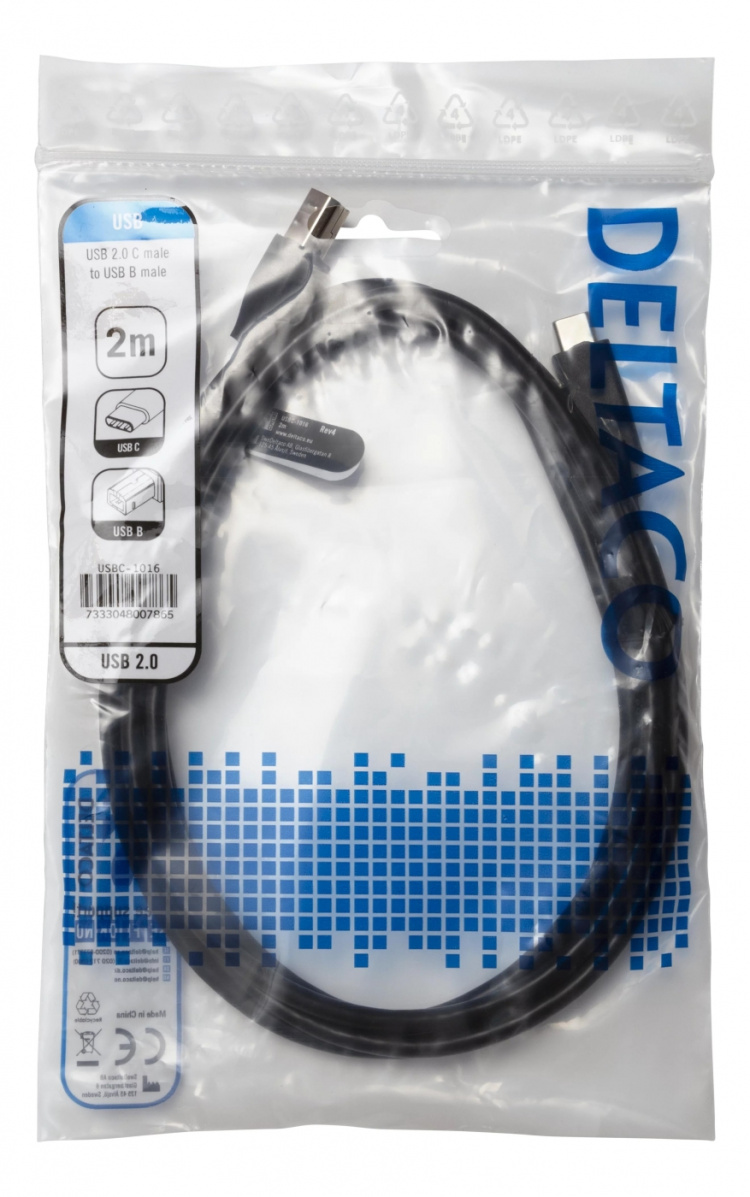 DELTACO USB 2.0 kabel, Typ C - Typ B hane, 2m, svart