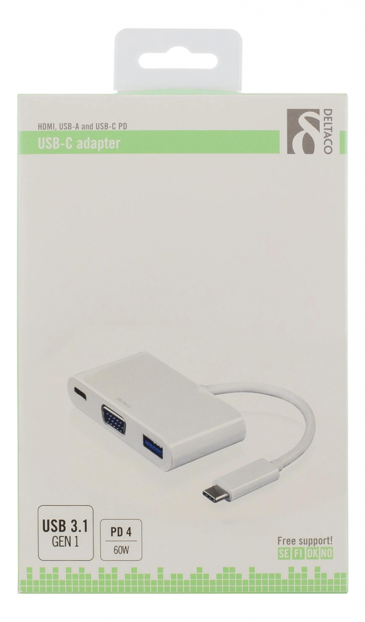 DELTACO USB-C till VGA och USB Typ A adapter, USB-C ho, 60W, vit DELTACO USB-C till VGA och USB Typ A adapter, USB-C ho, 60W, vit