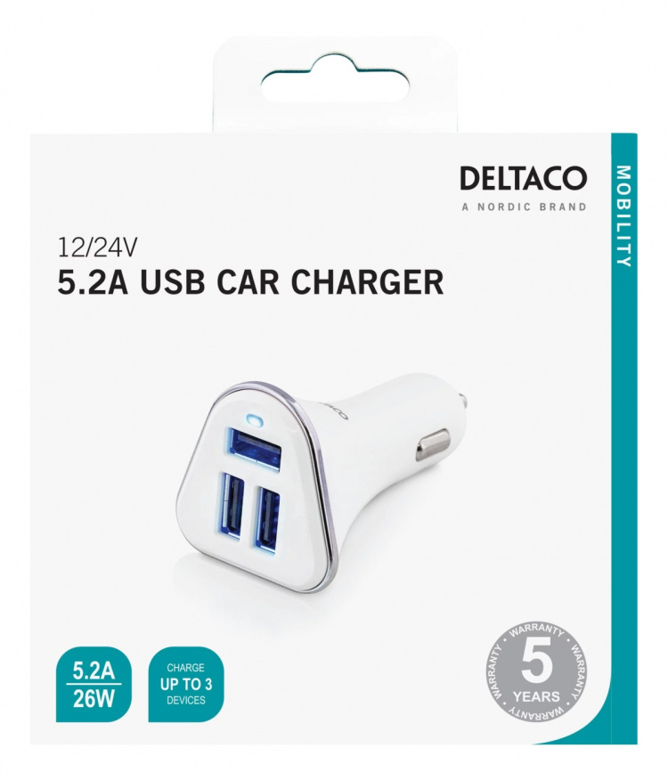 DELTACO billaddare, 5,2A, 3xUSB Type A, 12-24V DC input, vit/silver DELTACO billaddare, 5,2A, 3xUSB Type A, 12-24V DC input, vit/silver