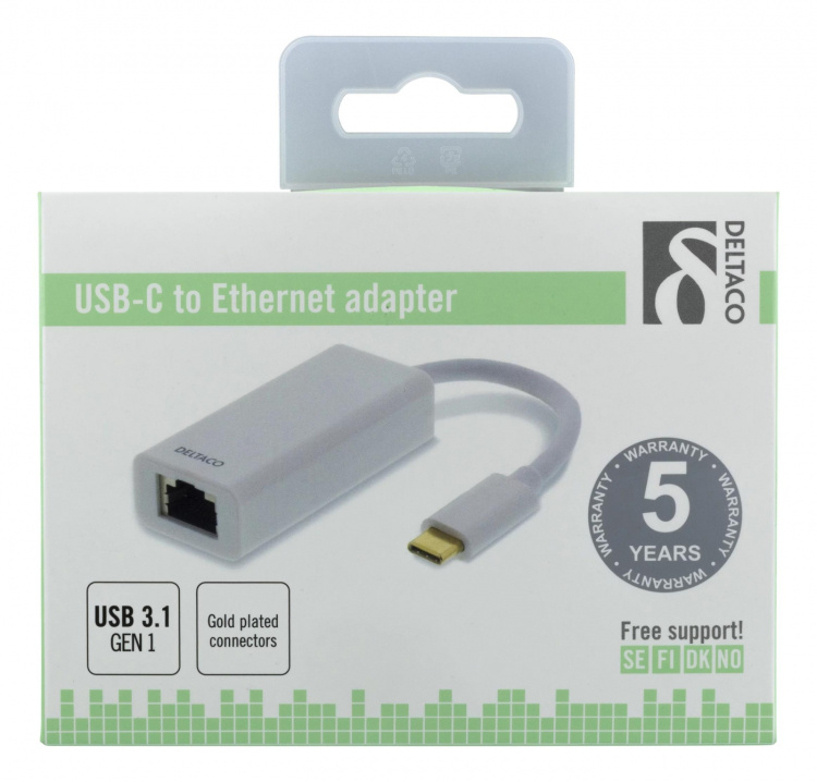 DELTACO USB 3.1 nätverksadapter, Gigabit, 1xRJ45, USB Typ C, vit DELTACO USB 3.1 nätverksadapter, Gigabit, 1xRJ45, USB Typ C, vit