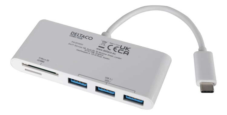 DELTACO USB 3.1 Gen 1 hubb, USB-C, 3USB A, SD/microSD-läsare, vit DELTACO USB 3.1 Gen 1 hubb, USB-C, 3USB A, SD/microSD-läsare, vit