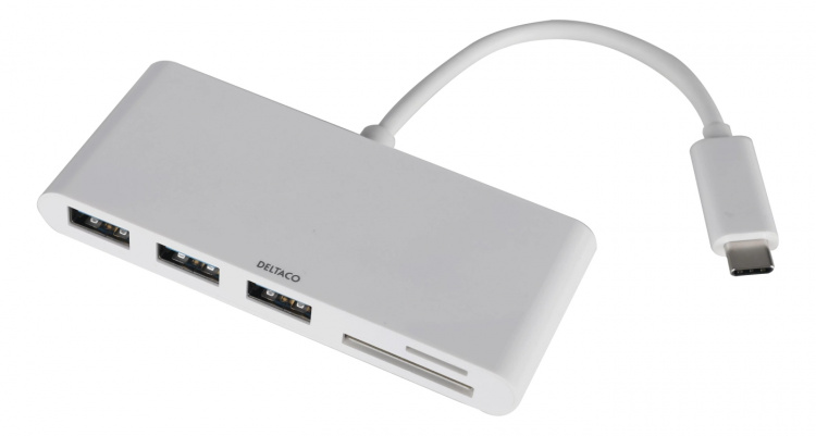 DELTACO USB 3.1 Gen 1 hubb, USB-C, 3USB A, SD/microSD-läsare, vit DELTACO USB 3.1 Gen 1 hubb, USB-C, 3USB A, SD/microSD-läsare, vit