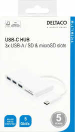 DELTACO USB 3.1 Gen 1 hubb, USB-C, 3USB A, SD/microSD-läsare, vit DELTACO USB 3.1 Gen 1 hubb, USB-C, 3USB A, SD/microSD-läsare, vit