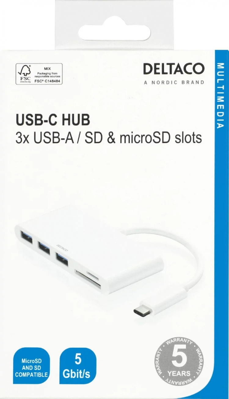 DELTACO USB 3.1 Gen 1 hubb, USB-C, 3USB A, SD/microSD-läsare, vit DELTACO USB 3.1 Gen 1 hubb, USB-C, 3USB A, SD/microSD-läsare, vit