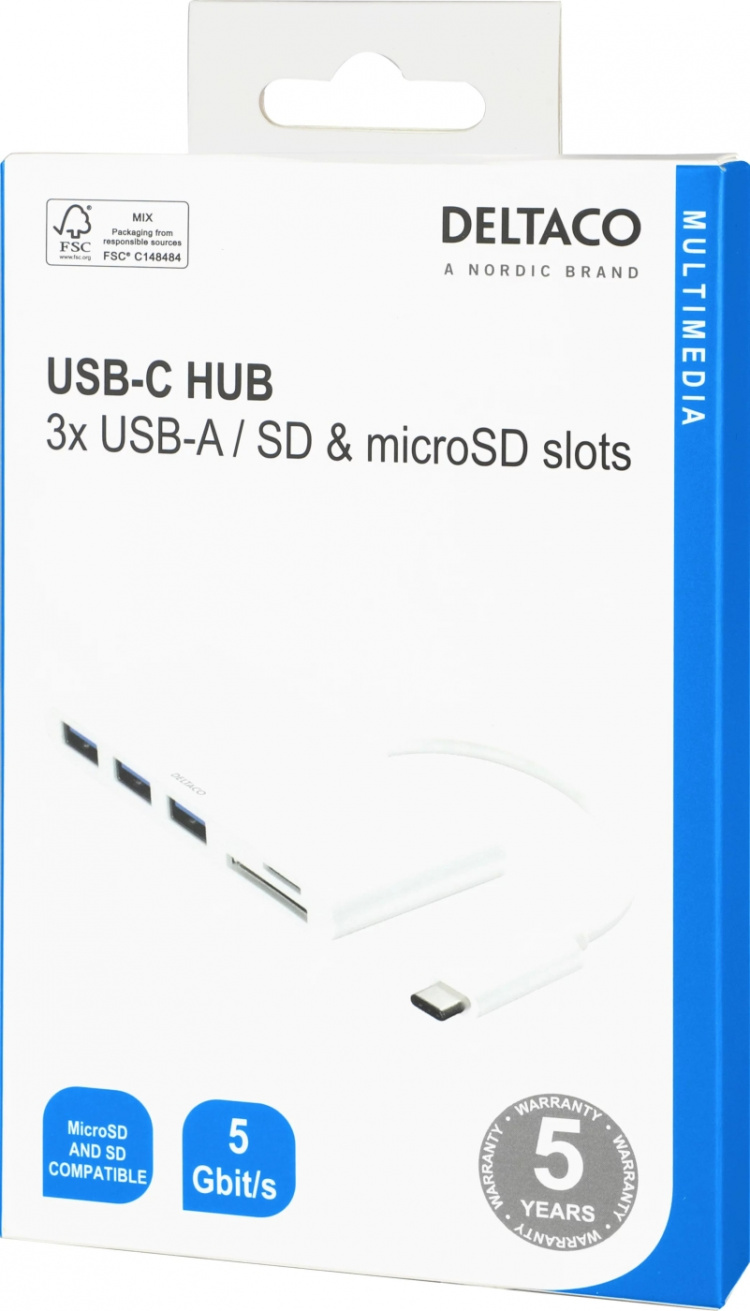 DELTACO USB 3.1 Gen 1 hubb, USB-C, 3USB A, SD/microSD-läsare, vit DELTACO USB 3.1 Gen 1 hubb, USB-C, 3USB A, SD/microSD-läsare, vit