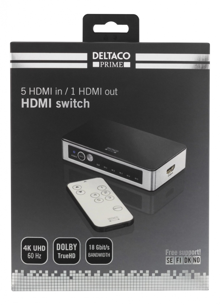 Premium 5-ports HDMI-switch, IR-fjärrkontroll, Ultra HD i 60Hz, svart