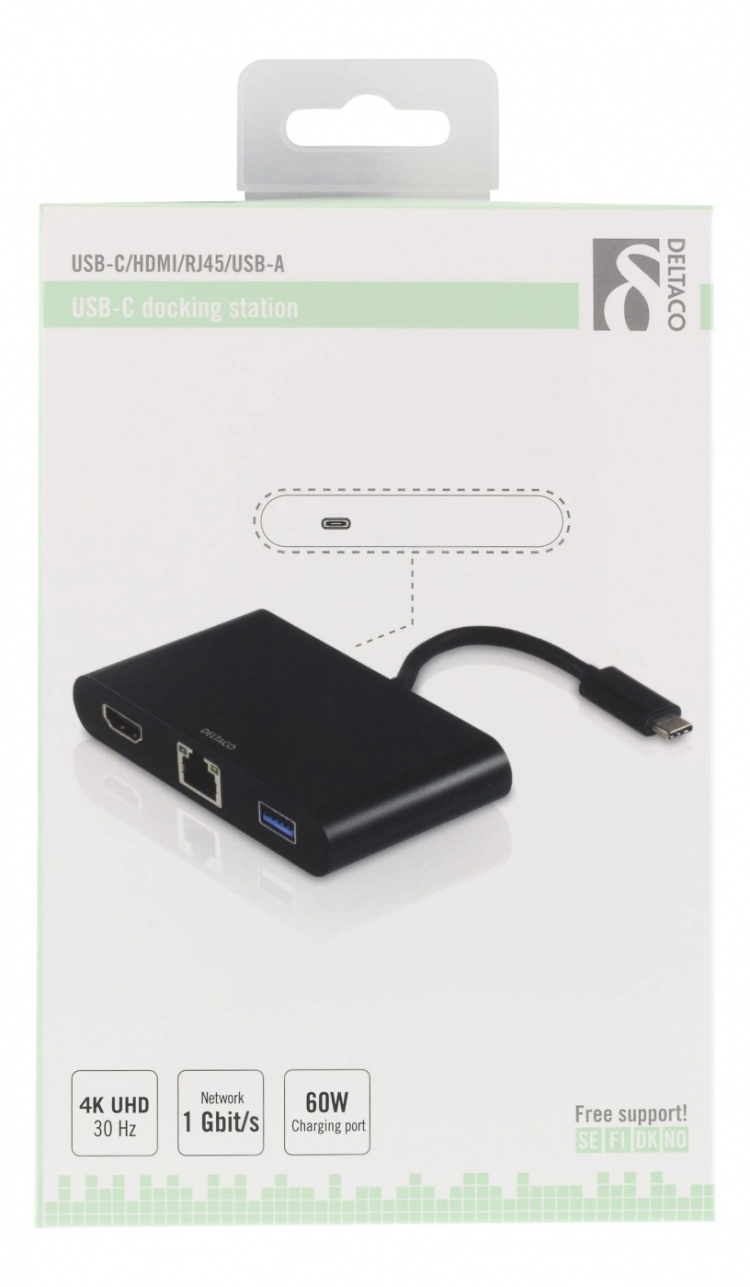 USB-C dockningsstation med HDMI, RJ45, 1xUSB A, USB-C PD, 3,5mm, svart