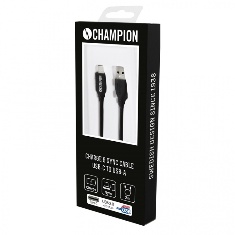 Champion USB-A till USB-C Kabel 2m Svart Champion USB-A till USB-C Kabel 2m Svart