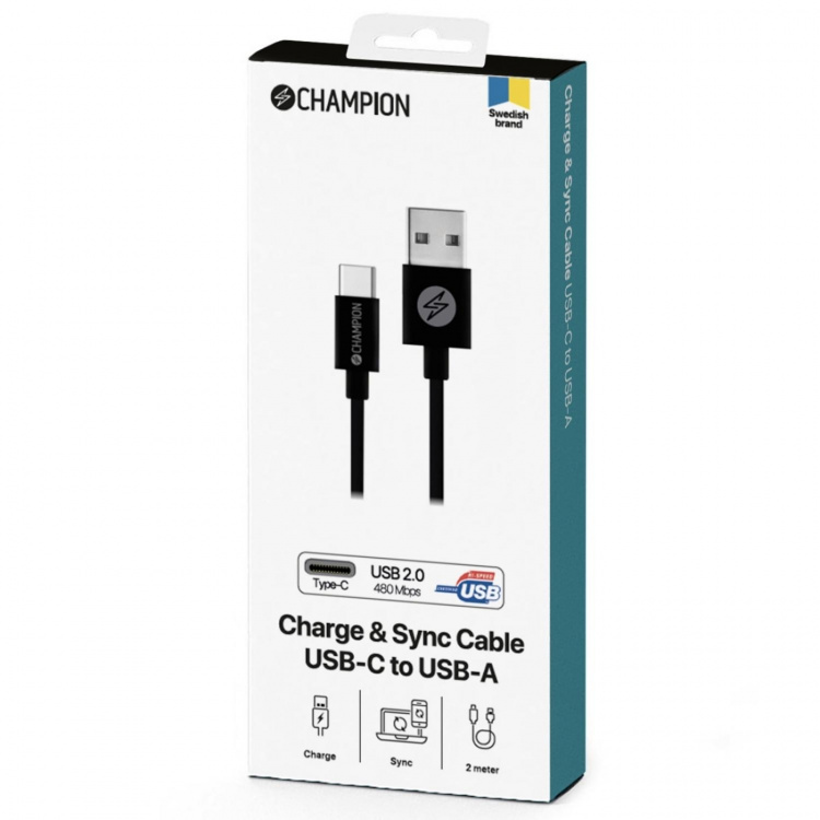 Champion USB-A till USB-C Kabel 2m Svart Champion USB-A till USB-C Kabel 2m Svart