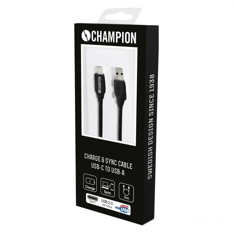 Champion USB-A till USB-C Kabel 3m Svart