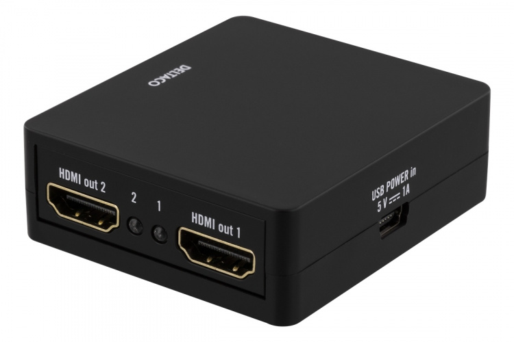 DELTACO HDMI splitter, 1x HDMI in, 2x HDMI ut, 6,75 Gbit/s, svart