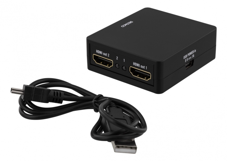 DELTACO HDMI splitter, 1x HDMI in, 2x HDMI ut, 6,75 Gbit/s, svart