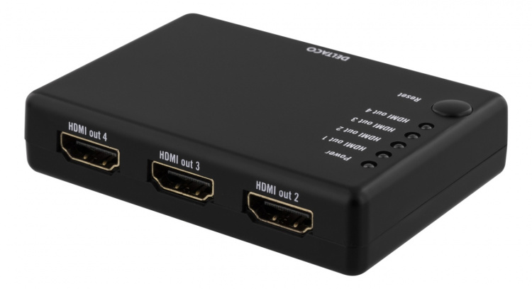 DELTACO HDMI splitter, 1x HDMI in, 4x HDMI ut, 6,75 Gbit/s, svart DELTACO HDMI splitter, 1x HDMI in, 4x HDMI ut, 6,75 Gbit/s, svart