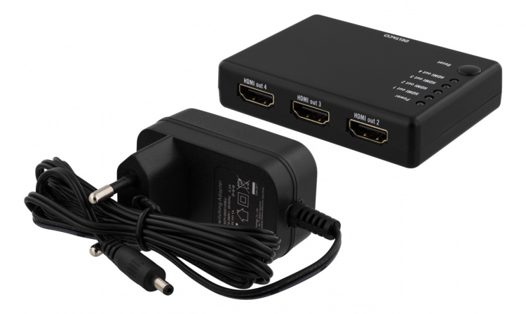 DELTACO HDMI splitter, 1x HDMI in, 4x HDMI ut, 6,75 Gbit/s, svart DELTACO HDMI splitter, 1x HDMI in, 4x HDMI ut, 6,75 Gbit/s, svart