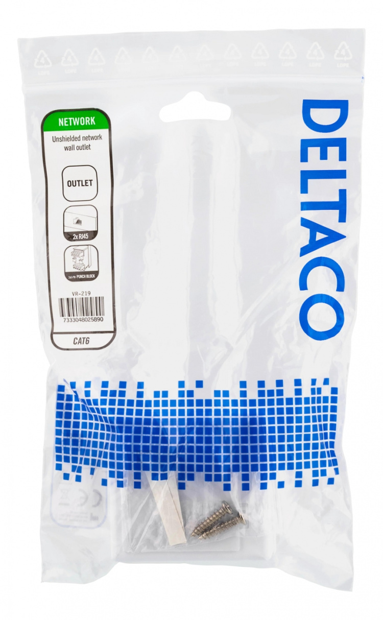 DELTACO oskärmat vägguttag, utanpåliggande UTP 2xRJ45, Cat6, vit