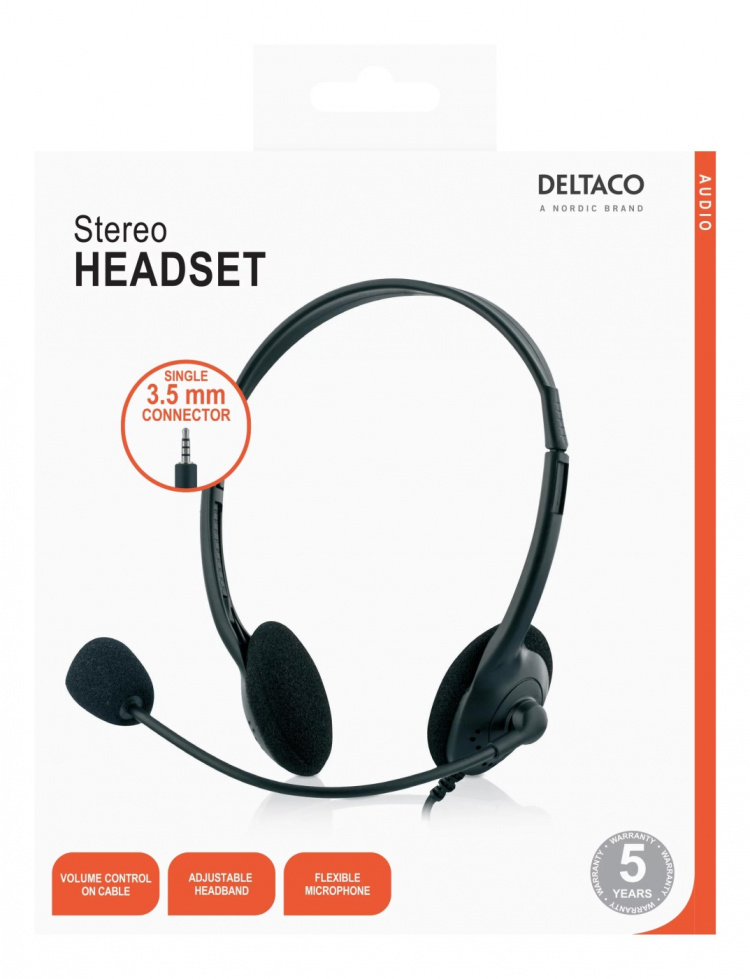 DELTACO Stereo Headset, 30mm element, 3,5mm minitele (4-polig), svart DELTACO Stereo Headset, 30mm element, 3,5mm minitele (4-polig), svart
