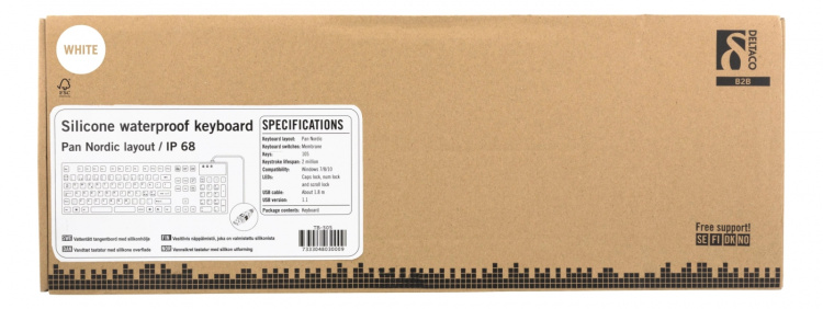DELTACO tangentbord i silikon, IP68, full storlek, 105 tangenter, vit