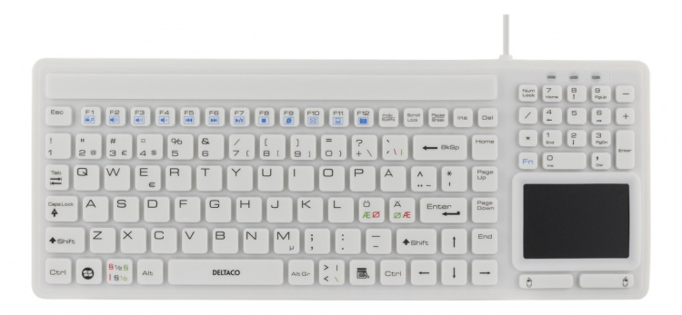 DELTACO tangentbord i silikon, touchpad, IP68, 105 + 12 media, vit DELTACO tangentbord i silikon, touchpad, IP68, 105 + 12 media, vit