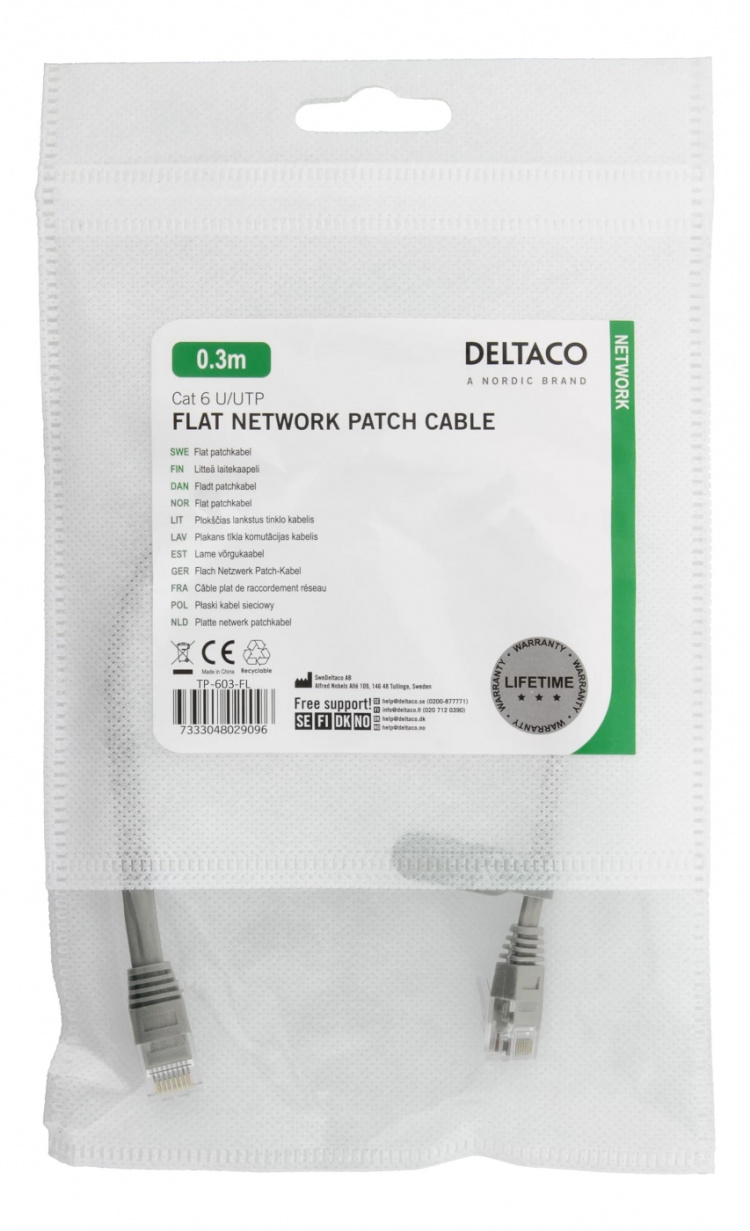 DELTACO U/UTP Cat6 patchkabel, flat, 0,3m, 250MHz, grå