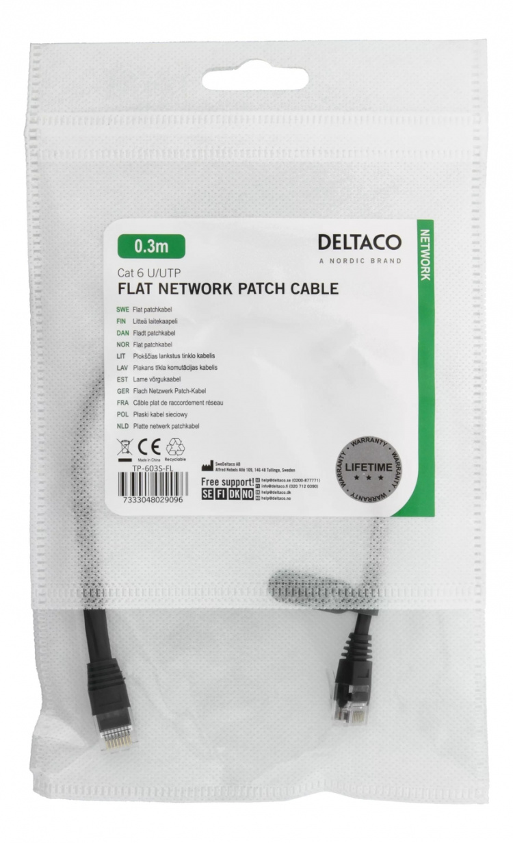 DELTACO U/UTP Cat6 patchkabel, flat, 0,3m, 250MHz, svart