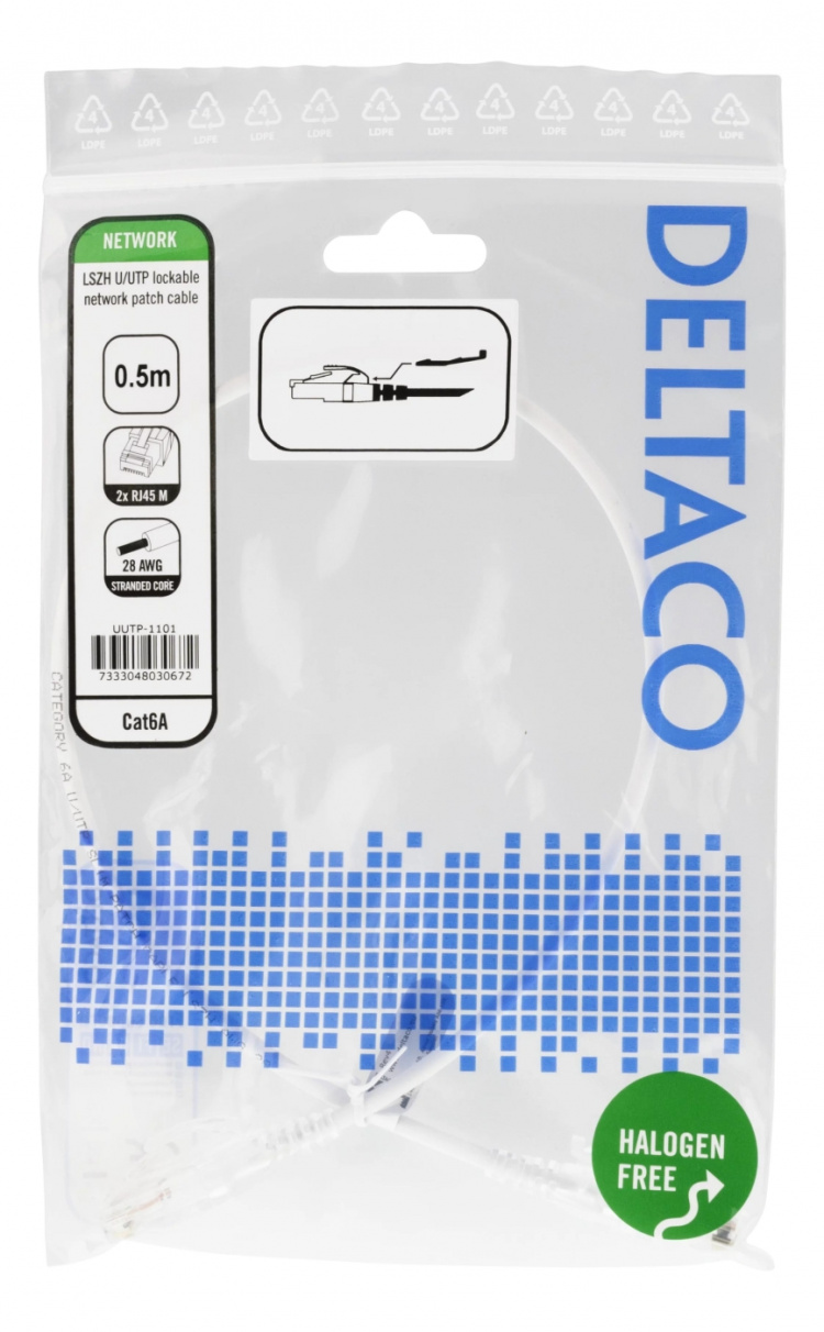 DELTACO U/UTP Cat6A patchkabel, 0,5m, 500MHz, låsbara kontakter, vit