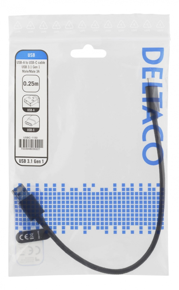 DELTACO USB 3.1 Gen1 USB-C - USB-A tygbekl kabe, 0.25m, 60W 3A, svart