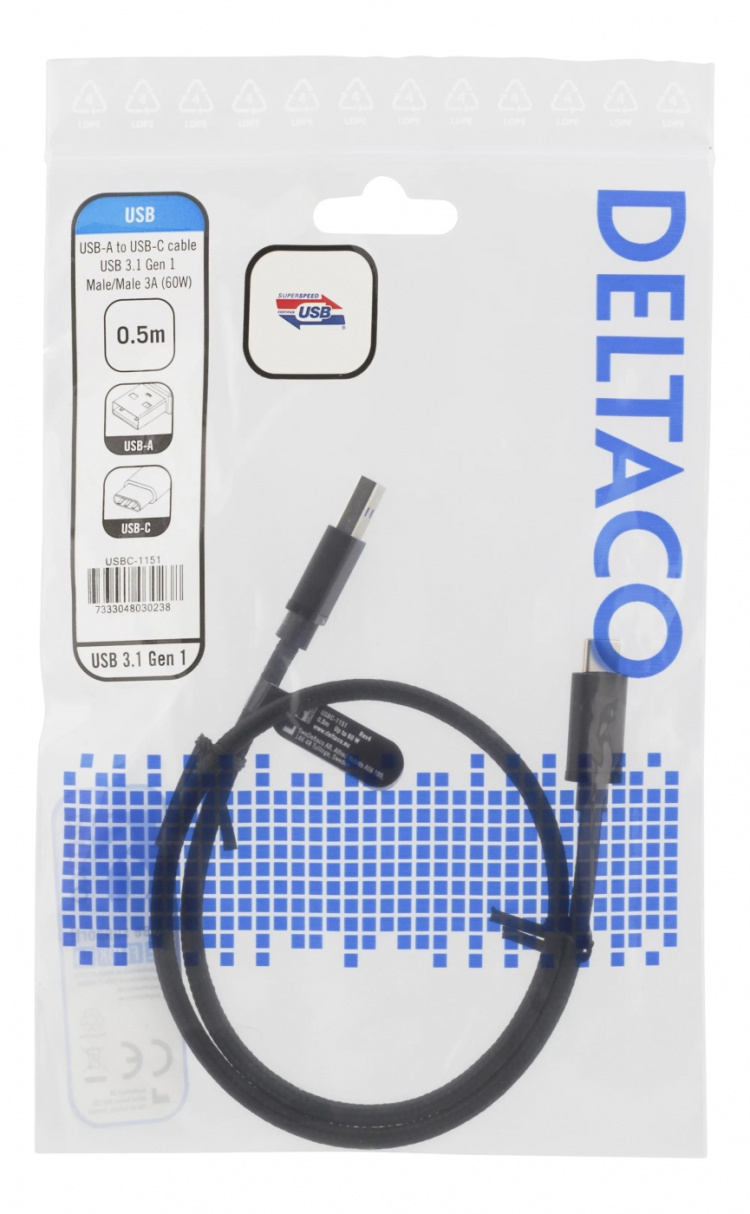 DELTACO USB 3.1 Gen1 USB-C - USB-A tygbekl kabe, 0.5m, 60W 3A, svart