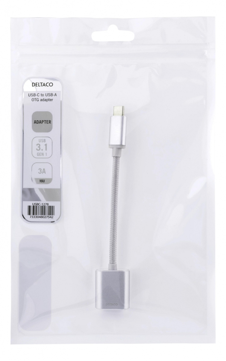 DELTACO USB-C 3.1 Gen 1 till USB-A OTG adapter, alu, vit påse, silver