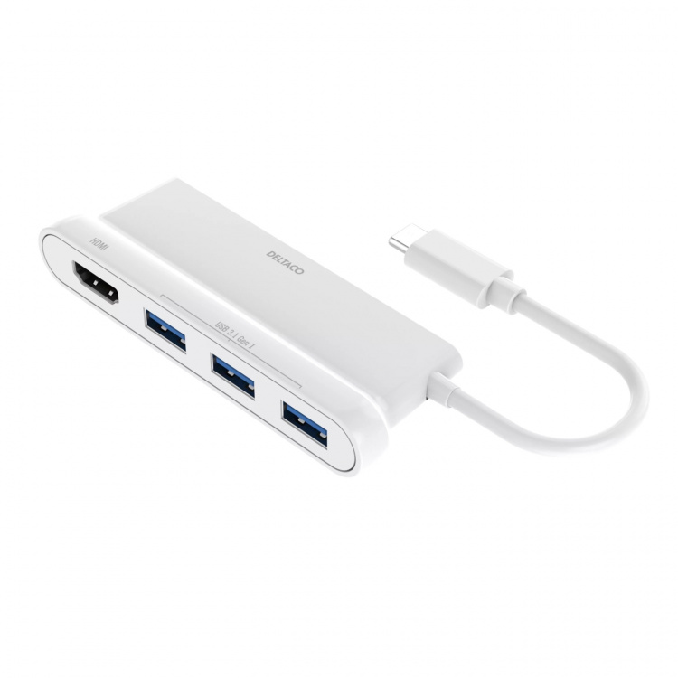 DELTACO USB-C hubb, 1x HDMI 4K at 30Hz, 3x USB-A 3.1, vit
