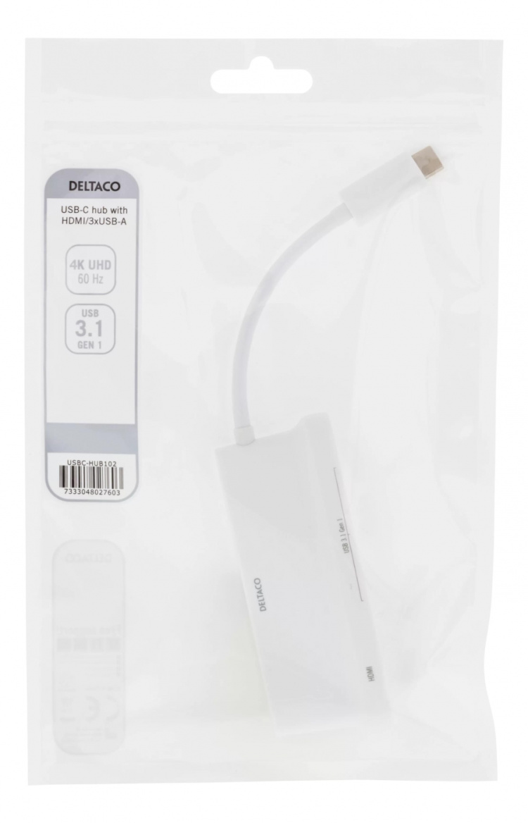 DELTACO USB-C hubb, 1x HDMI 4K at 30Hz, 3x USB-A 3.1, vit