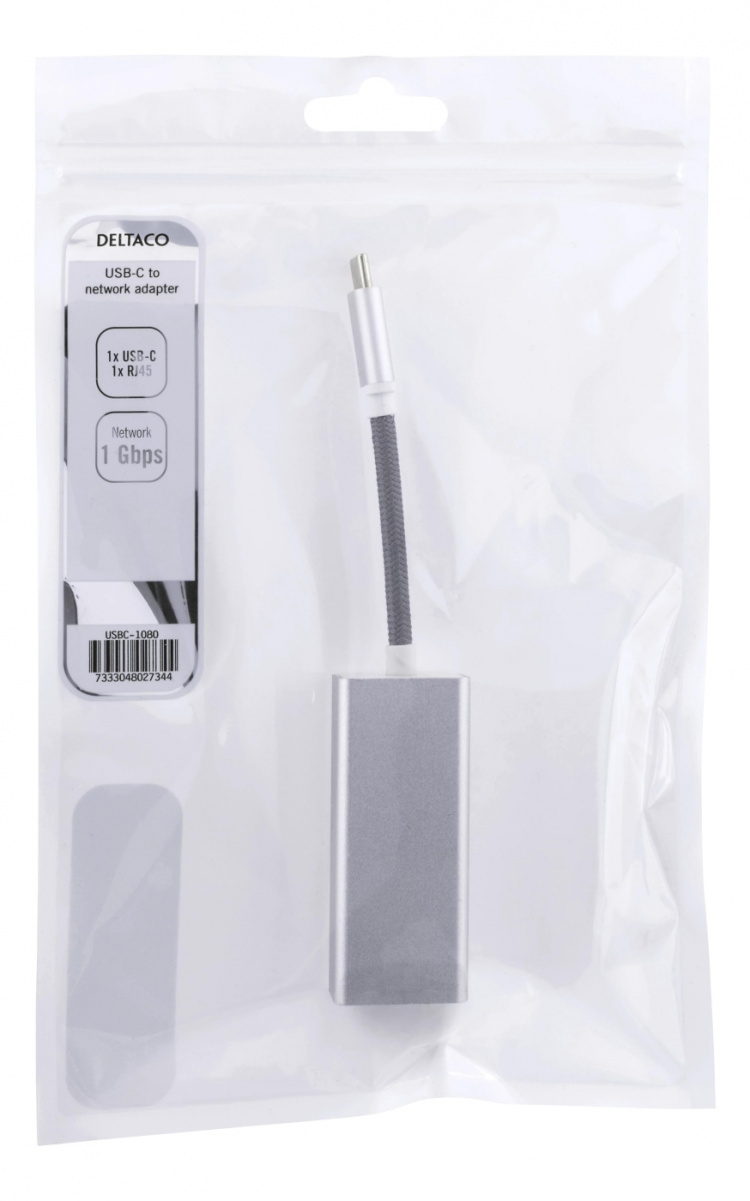 DELTACO USB-C nätverksadapter, Gigabit, RJ45, vit påse, silver DELTACO USB-C nätverksadapter, Gigabit, RJ45, vit påse, silver