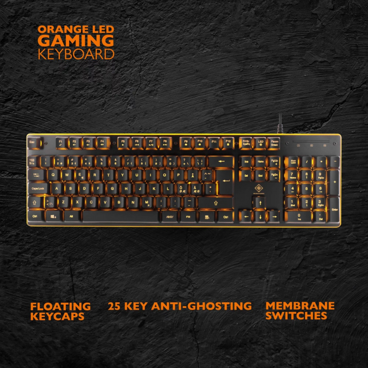 DELTACO GAMING tangentbord med membranbrytare, nordisk layout, orange belysning DELTACO GAMING tangentbord med membranbrytare, nordisk layout, orange belysning