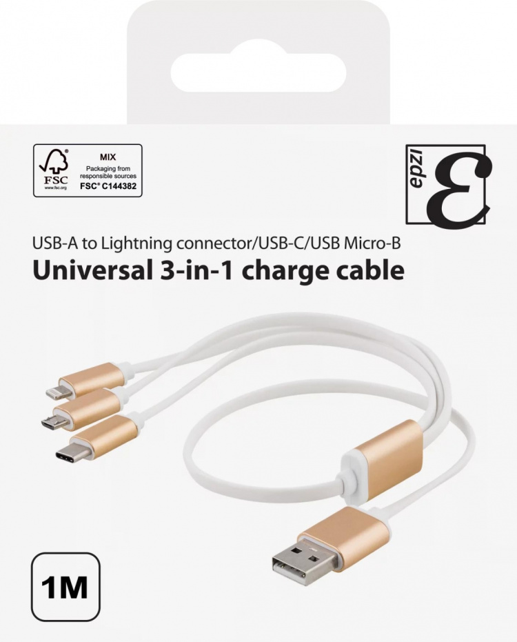 EPZI Multiladdare, USB-C, Lightning, Micro USB, USB-A, 1m, vit