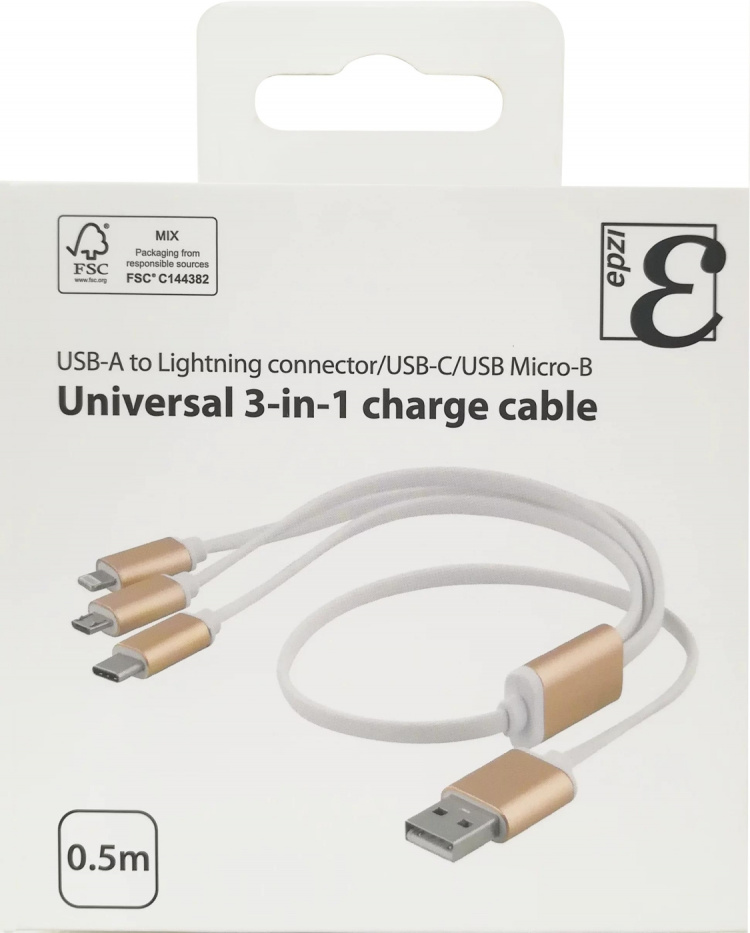 EPZI Multiladdare, USB-C, Lightning, Micro USB, USB-A, 50cm, vit EPZI Multiladdare, USB-C, Lightning, Micro USB, USB-A, 50cm, vit