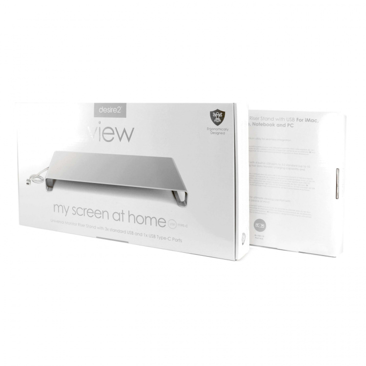 Desire2 Monitorställ Riser Universal 3x USB-A, 1x Type-C, Silver